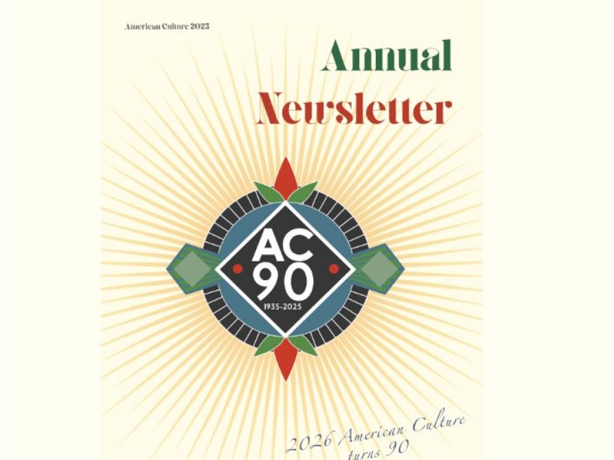 A cream-colored newsletter cover titled Annual Newsletter with a central geometric emblem reading AC 90 1935-2025 surrounded by a golden sunburst pattern. Cursive text at the bottom reads 2026 American Culture turns 90.