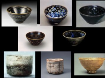 This image includes photographs of eight different tea bowls, which include obviously different styles. The top five bowls are each more uniform, even, and smooth. They are darker and have black, dark brown, or dark blue glazes. Each of these five tea bowls has a different color uniformly around the upper lip and have walls that slope at a diagonal. The two tea bowls at the bottom left of the image - the only ones made in Japan - look quite different. They have vertical walls, instead of horizontal sloping walls. Both of these tea bowls look rougher, more uneven, and more earthy.
