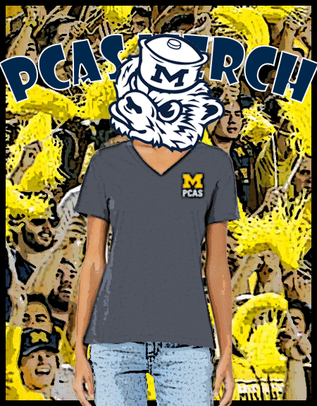 GIF animation of a female figure wearing a blue v-neck PCAS t-shirt, with the Wolverbear logo transposed on head, standing before an posturized image of image of Michigan Stadium crowd. in Maize. Above an behind the figure is posted "PCAS MERCH"