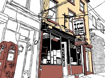 Brooklyn Ice House, a drawing of a storefront bar in the middle of a block