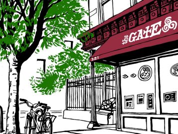 An illustration of The Gate, which is a bar on a corner surrounded by trees.