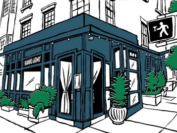 A drawing of the bar Grand Army, which is on a corner and is surrounded by window boxes and potted plants. Christmas lights are strung along the top one either side.