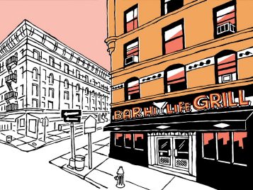 an illustration of the Bar Hi Life Grill, the bottom story of a tall building on a corner