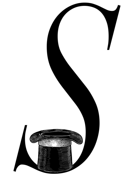 Animated drop cap letter "S" featuring a rabbit coming out of a magician's top hat. Full word: Smokestacks.