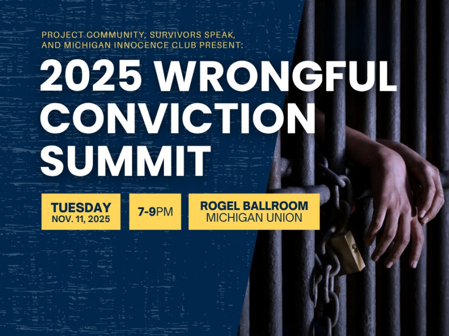 Promotional graphic with a photo of hands behind cell bars