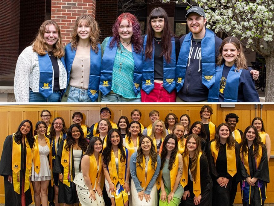 Split screen of two group photos of our graduates