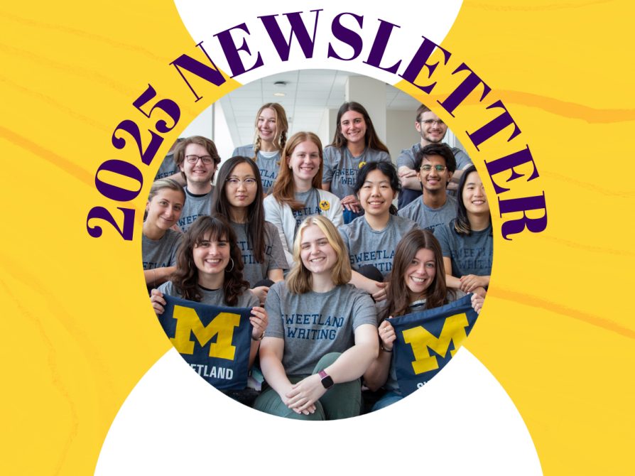 Circular cropped photo of a group of Sweetland students in Sweetland Writing shirts sitting in ascending rows with the text 2025 Newsletter surrounding the circle