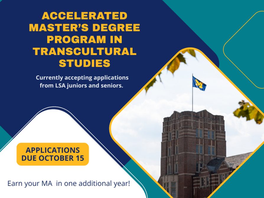 Promotional graphic for the Accelerated Master’s Degree Program in Transcultural Studies. Text states applications are currently accepted from LSA juniors and seniors, due October 15, to earn an MA in one additional year. Visually features a brick campus tower flying a blue flag with a yellow block M.