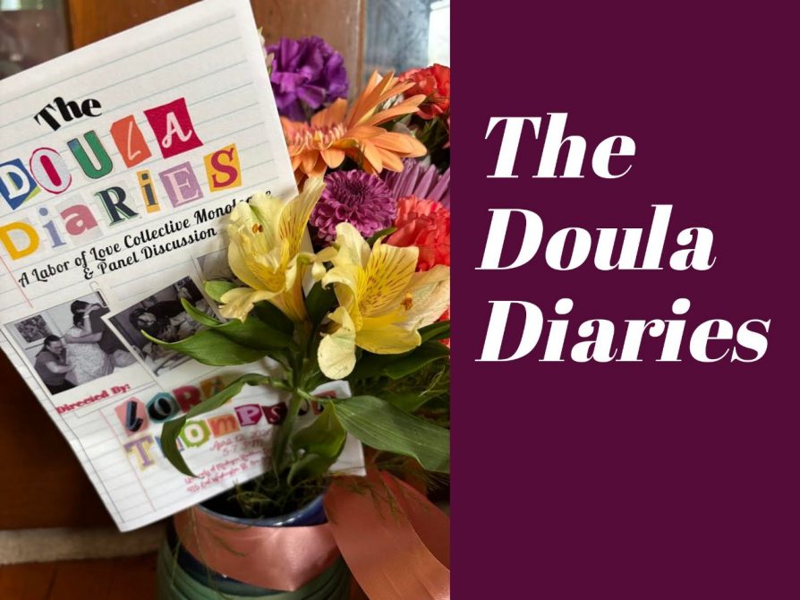 Flyer for the Doula Diaries play behind a vase of flowers.