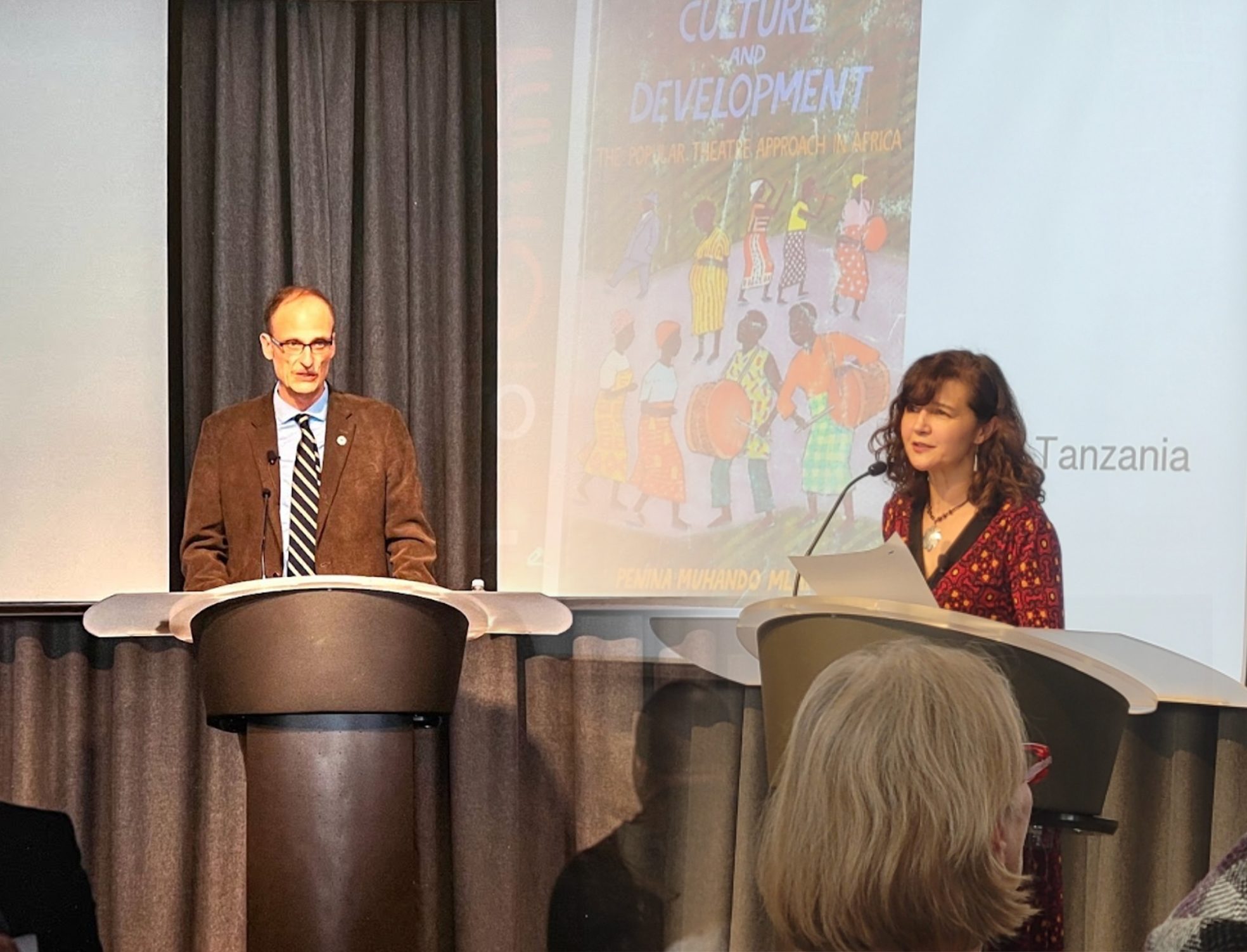 collage photo of derek peterson on the left side, and kelly askew on the right side during their presentations