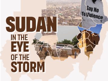 Banner for the symposium ‘Sudan: In the Eye of the Storm,’ featuring a Sudan map outline filled with images of a tent camp, a ‘Say No to Violence’ shirt, rural landscapes, and traditional architecture.