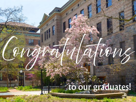campus in spring time with congratulations text
