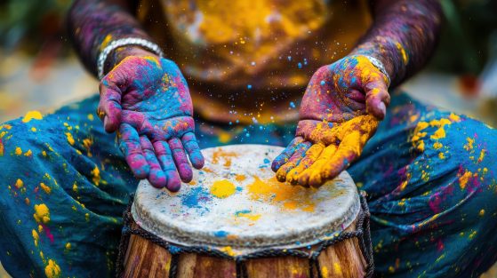 Colorful Hands Playing a Drum with Vibrant Powder During Festive Celebration