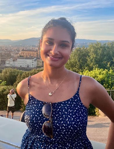 A person wearing a blue tank top, with hair pulled back in a bun is standing in front of a scenic city overlook with greenery visible in the background. 