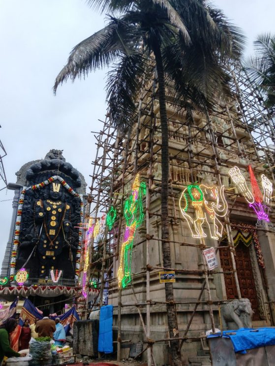 An ornate stone building with scaffolding and a palm tree covering it is shown at dusk with neon signs of animals adorning the sides