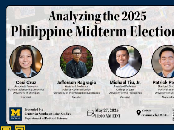 Four close up headshots of the panelists are displayed in cropped circles with a background displaying newspaper clippings from the Philippine election