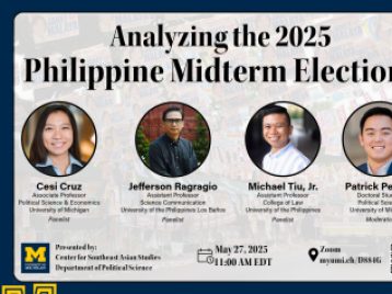 Four close up headshots of the panelists are displayed in cropped circles with a background displaying newspaper clippings from the Philippine election