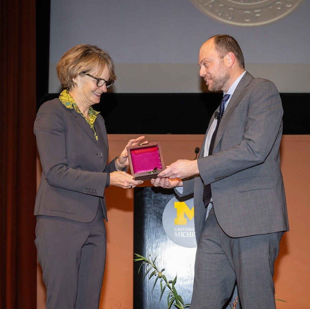 Provost Laurie McCauley presented the 2025 Wallenberg Medal to Vladimir Kara-Murza on Nov. 4, at U-M’s Rackham Auditorium. (Photo by Scott Soderberg, Michigan Photography)