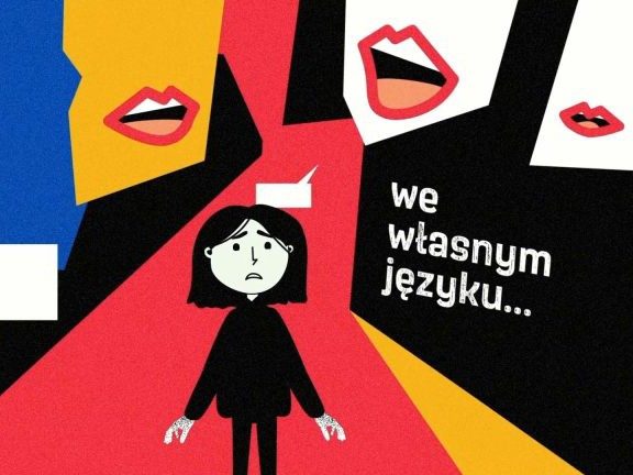 Still from "Blue 52," with text “In my own language…”