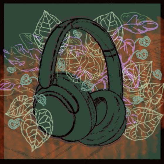 Headphones surrounded by leafs