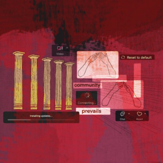 Abstract digital artwork with columns, hands, and words like "community" and "prevails" over a red textured background. Various digital interface elements are scattered throughout.