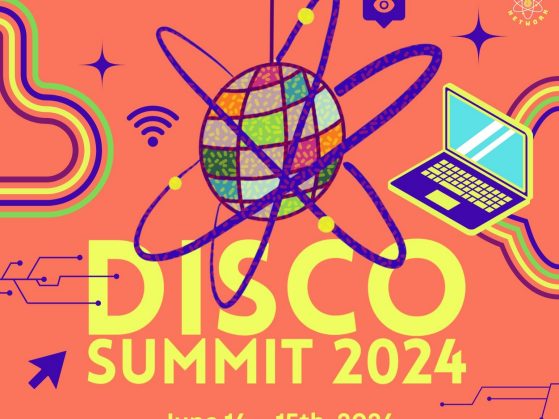 Orange DISCO Summit flier with yellow and purple text, featuring colorful graphics of a computer and disco ball. 