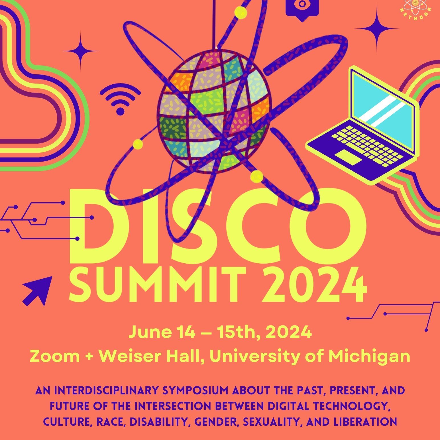Orange DISCO Summit flier with yellow and purple text, featuring colorful graphics of a computer and disco ball. 
