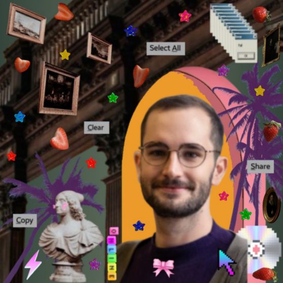 A man with glasses is smiling in front of a colorful, digital collage with palm trees, classical art, and computer icons.