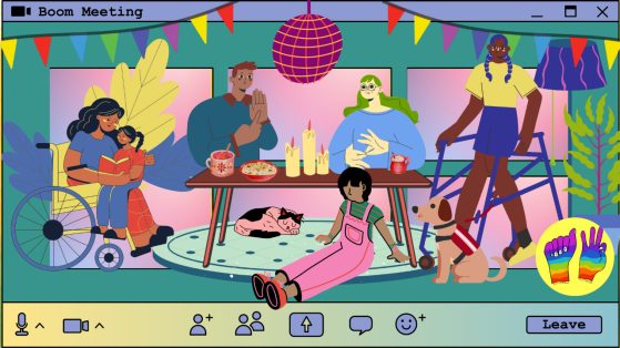 A ‘Zoom’ like platform frames a colorful scene of a community meal. There’s people interacting and showing up to the space using different modes of communication and tools for accessibility.