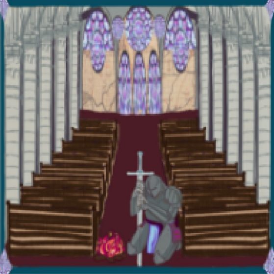 A knight kneels with a sword in a church aisle, near a red helmet, with stained glass windows in the background.