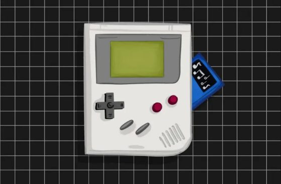 Illustration of a Game Boy device with a blue cartridge, against a black grid background.