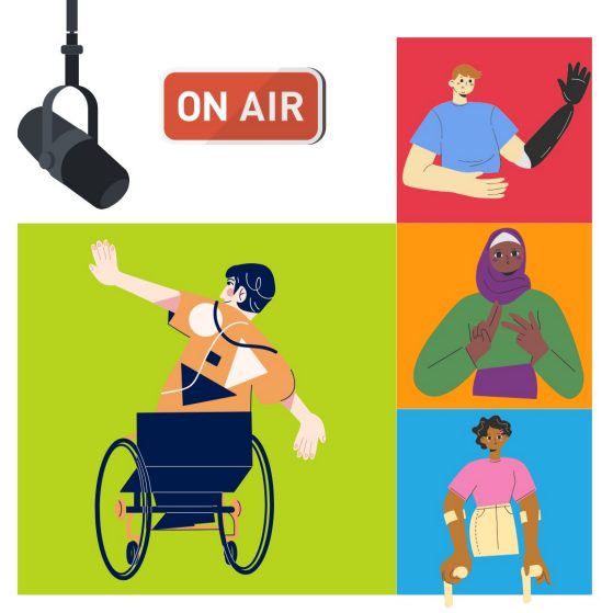 four cartoon characters are drawn. One on a wheel chair, one deaf, one with a prosthetic arm, and the last one is using crutches