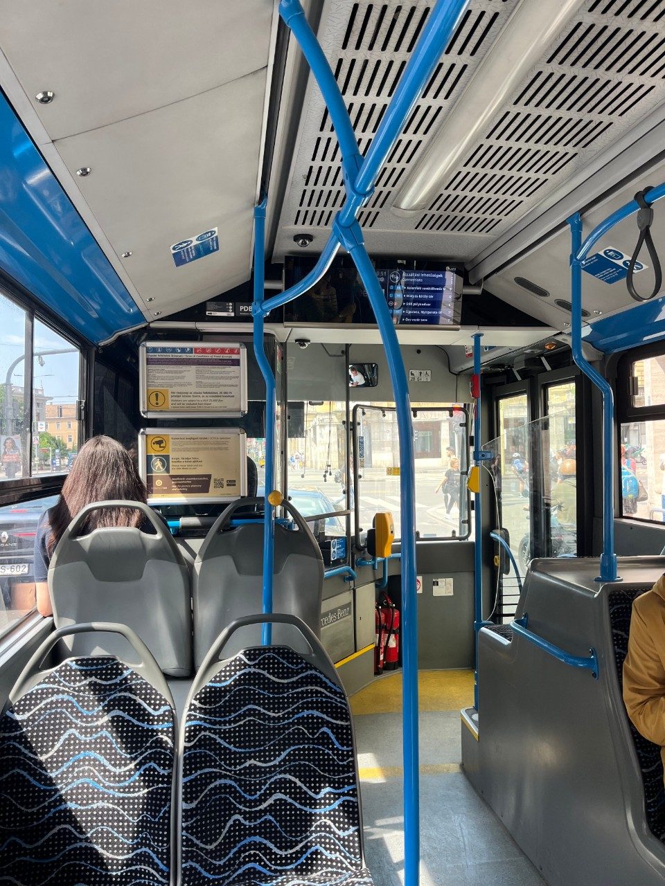 Interior of public transportation bus in Budapest, Hungary.