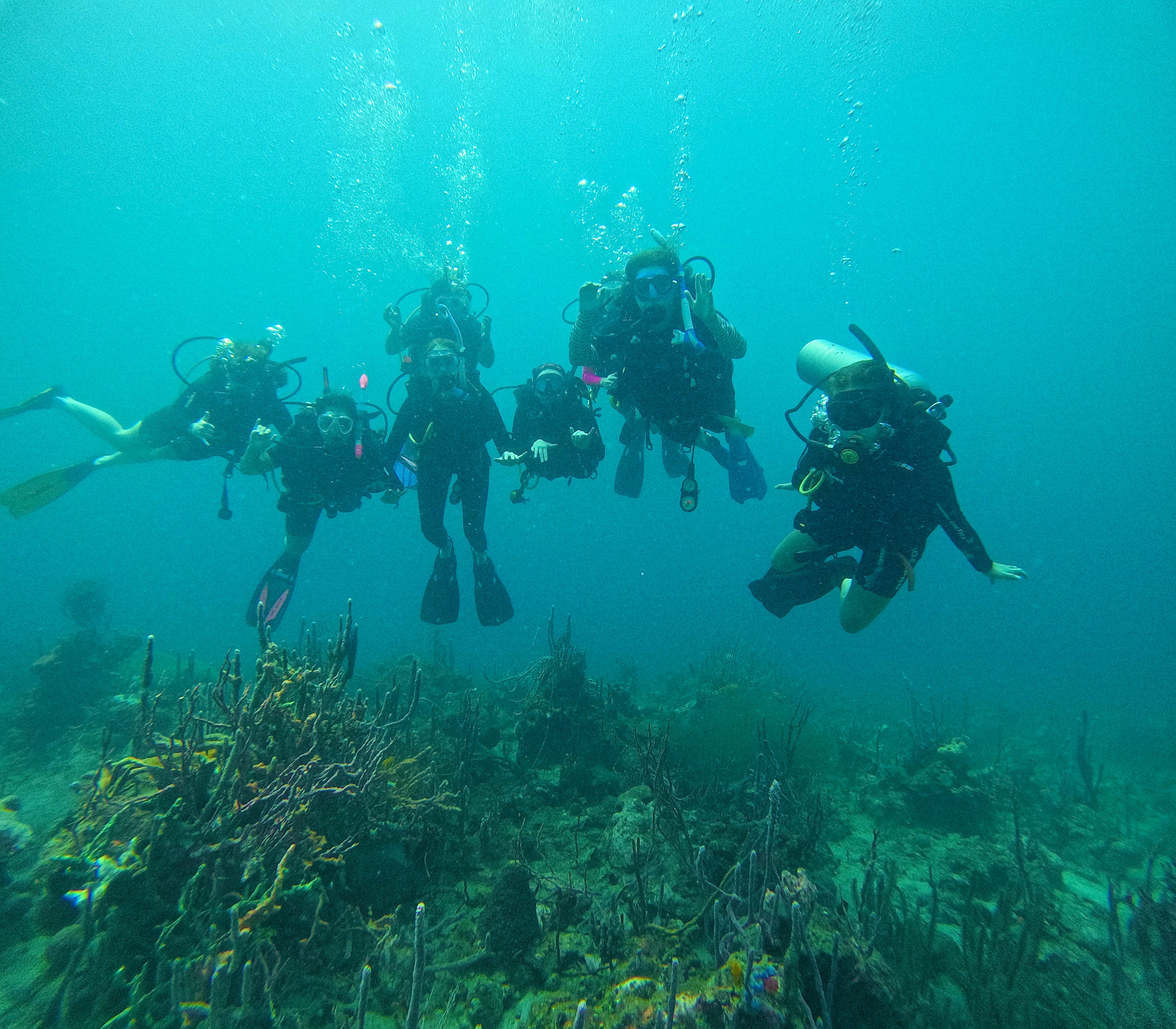 Students in program posing underwater in scuba gear