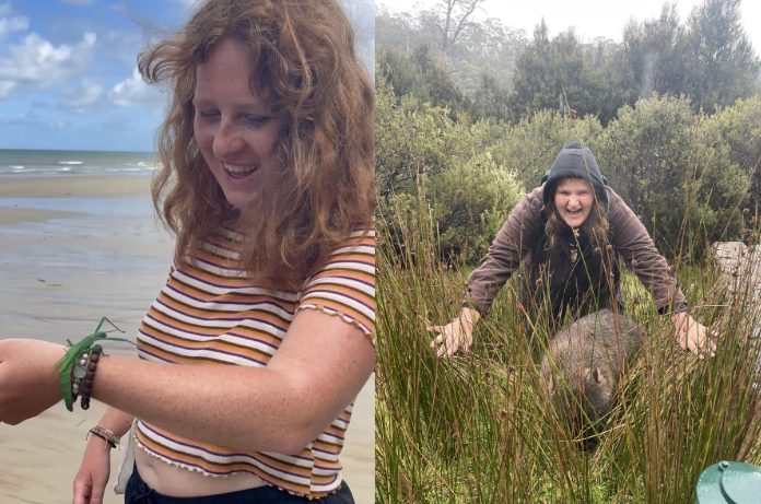 Caroline and a stick bug near Daintree Rainforest / friend with a wombat in Tasmania