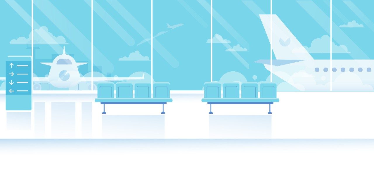 Airport gate graphic with planes visible in the windows