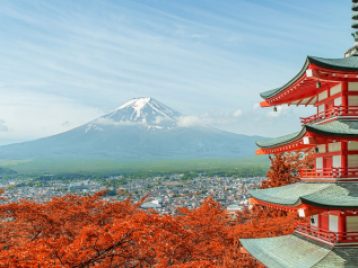 Mt. Fuji with fall colors in Japan.