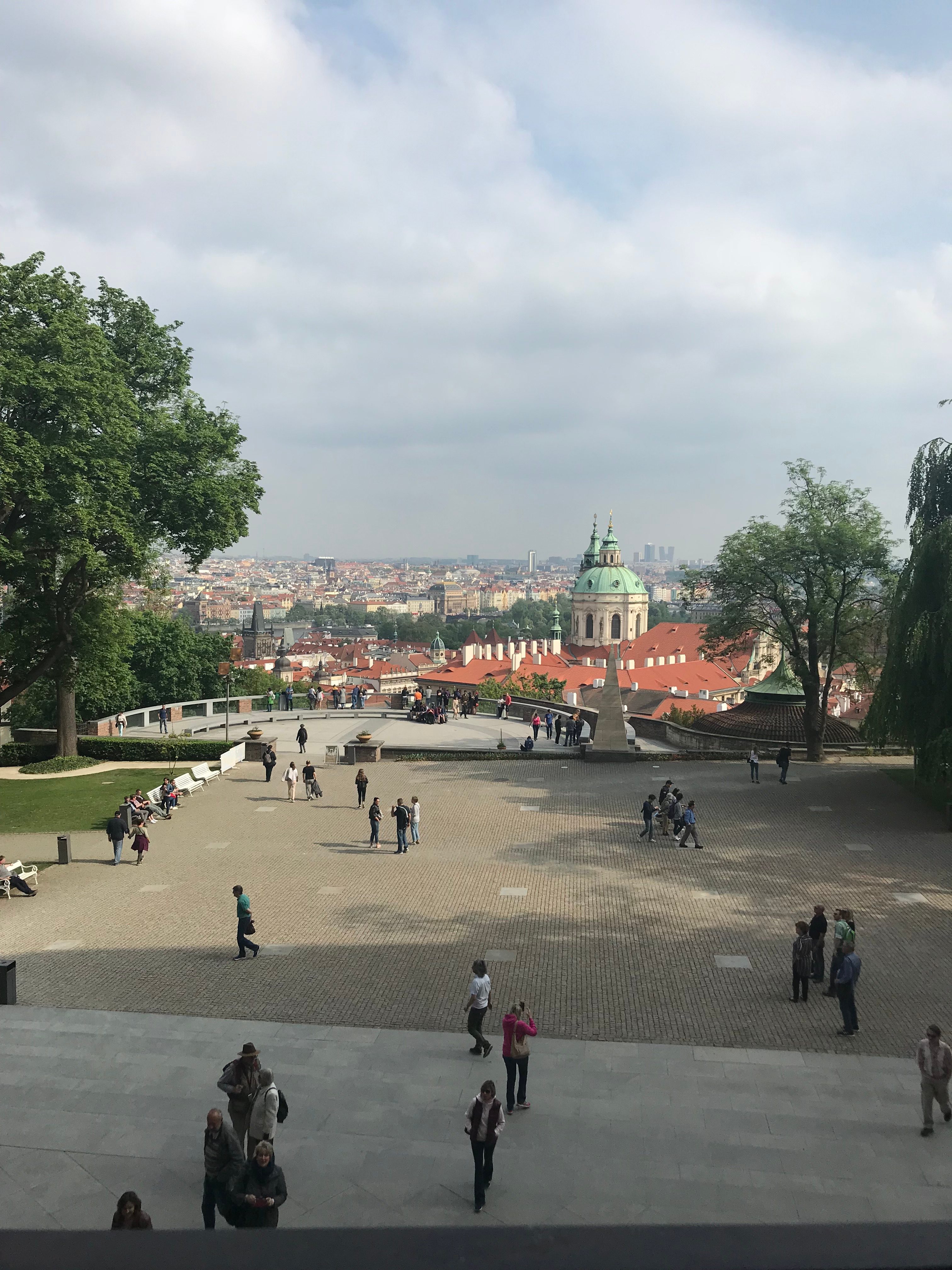 An aerial photo of people in a plaza 
