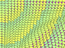 Image of triangles rotating at different rates giving the impression of undulating snake skin. Created in Processing for Python (Py5)