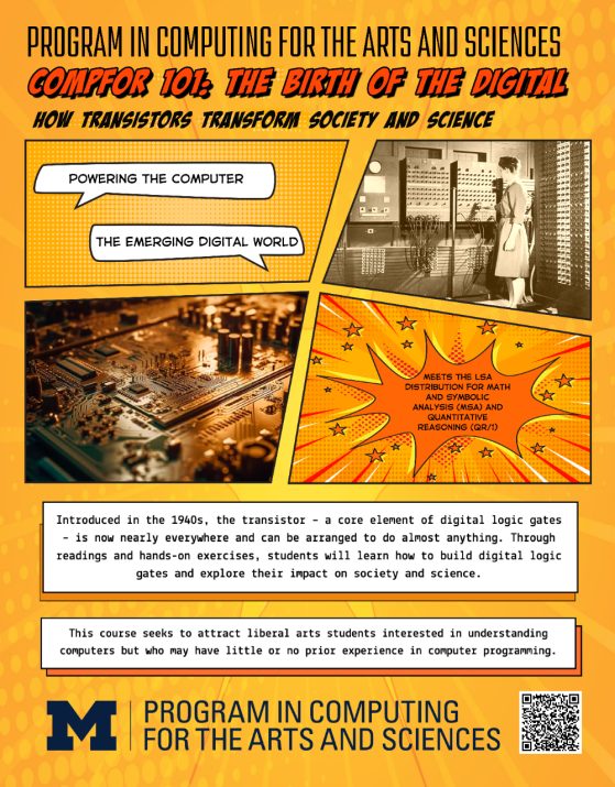 Course flyer for COMPFOR 101: Birth of the Digital: How  Transistors Transform Society and Science featuring images of circuit board and back and white of telephone operator at swtichboard