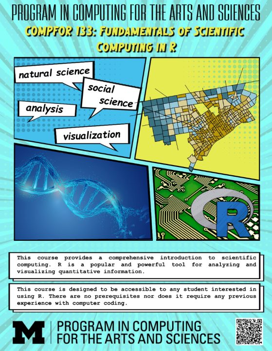 Flyer for COMPFOR 133 featuring illustrations of DNA, a map of Detroit, and class description.