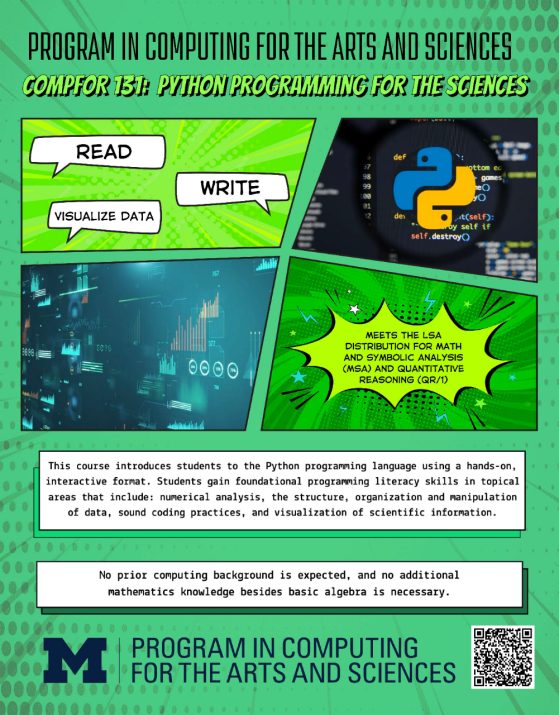 Courses flyer for COMPFOR 131: Python Programming for the Sciences featuring images of Python logo over computer screen and various other screen images.