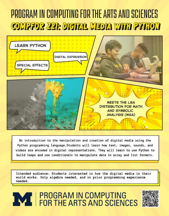 Course flyer for COMPFOR  221: Digital Media with Python featuring images of student working at laptops and  digital filters applied to the image of seahorse.