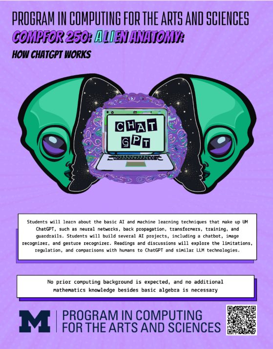Course flyer for COMPFOR 250: Alien Anatomy - How ChatGPT works featuring an image of an alien head  divided in half with a brain and laptop featuring the course title at center