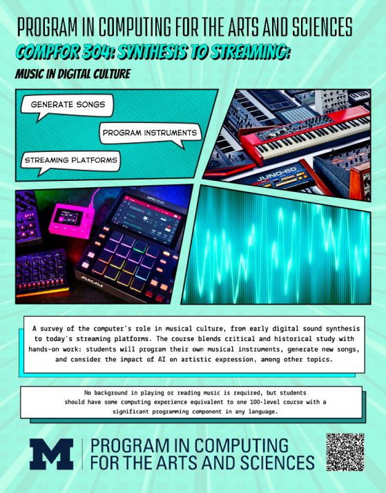 Courses flyer for COMPFOR 325: Sythesis to Streaming: Music in Digital Culture featuring images of drum machines and syntesizers.