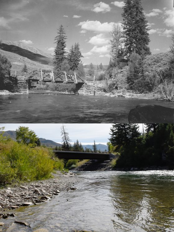 Two photographs. Top image black and white, bottom color. Looking upstream toward distant mountains with bridge in middle distance. Upper image wood bridge with rock crib piers, lower image modern concrete bridge.