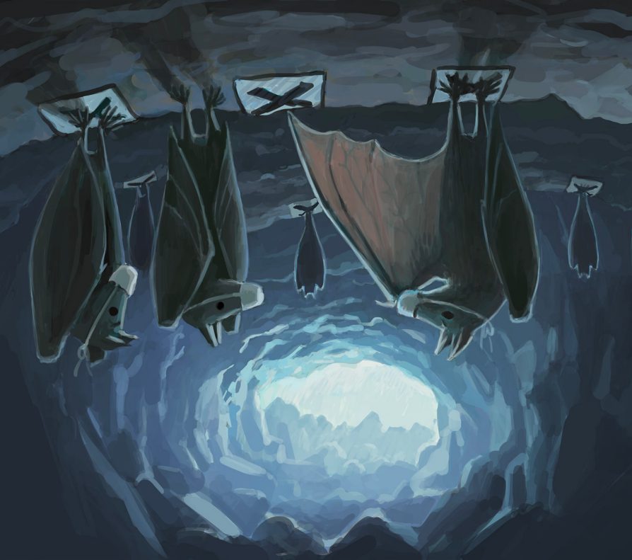 Bats hanging upside down inside a cave, wearing masks. One bat pointing with its wing showing another how to social distance on the marked X.
