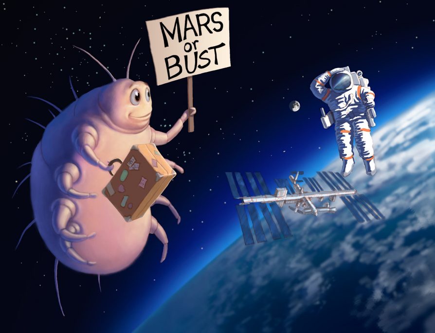 A bulging mite carrying luggage and a sign that reads Mars of Bust, floating in space by the Space Station while an astronaut looks on, perplexed.