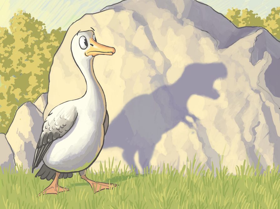 A frightened and surprised bird seeing its T-Rex shaped shadow on a rock. Illustration: John Megahan