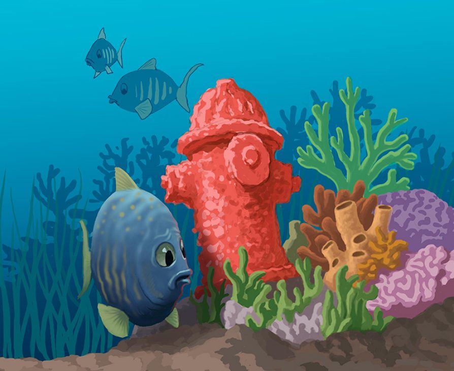 Confused fish swim by a coral reef with a coral fire hydrant. 